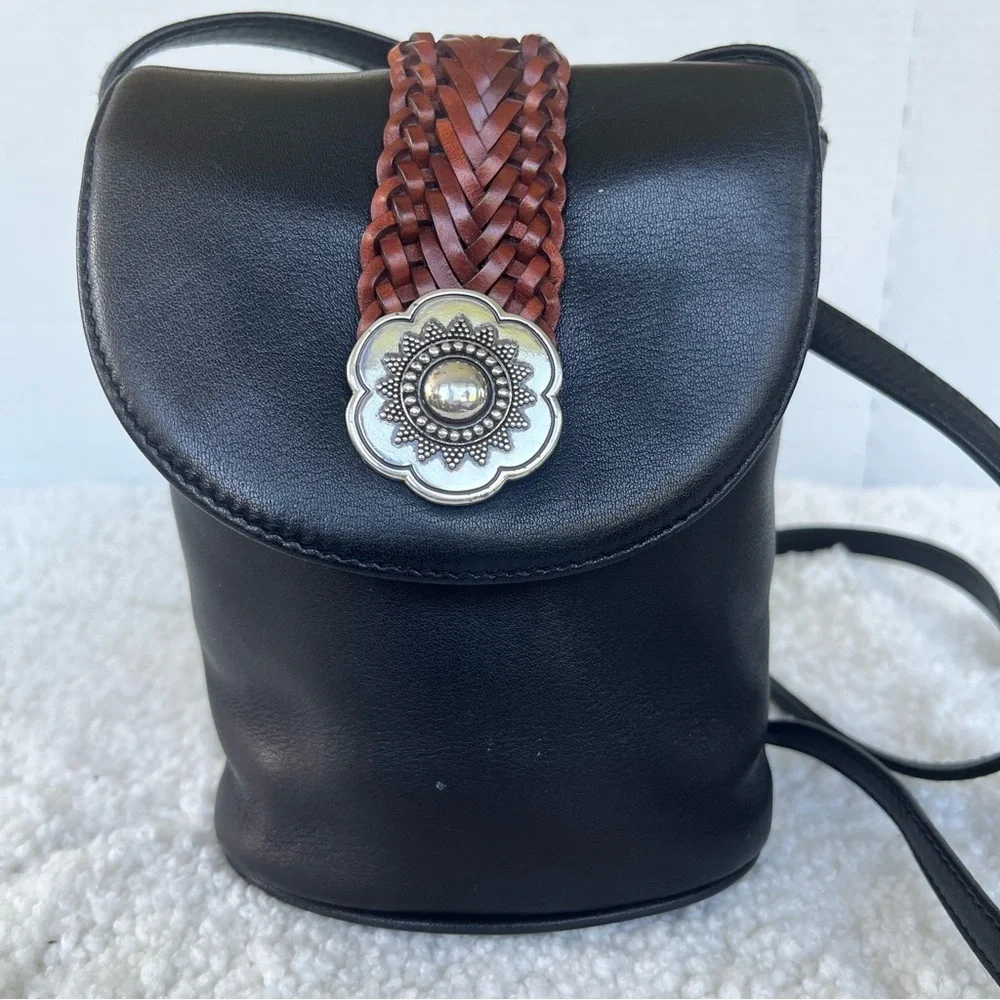 Brighton One World Women's Vintage Black Mini Leather Bucket Crossbody Bag